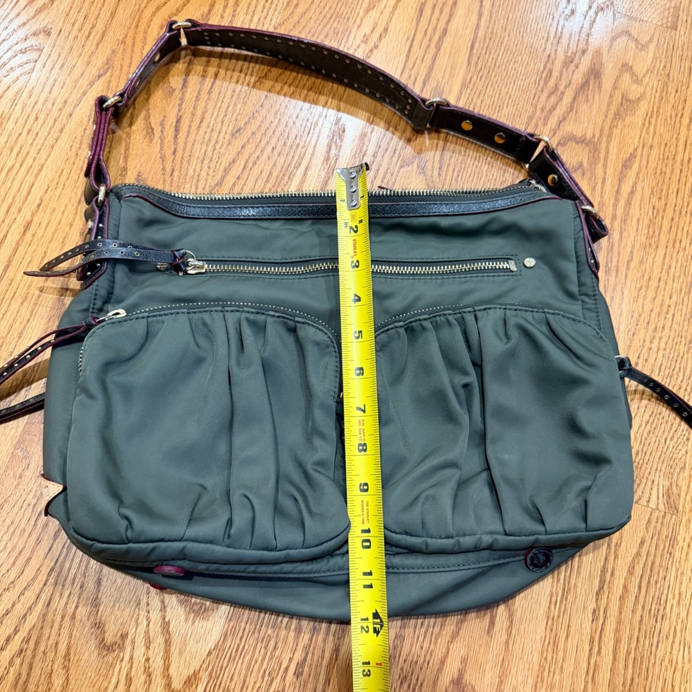 MZ Wallace Paige Olive Green Nylon Shoulder Bag Leather Trim Studded Strap - Picture 13 of 16